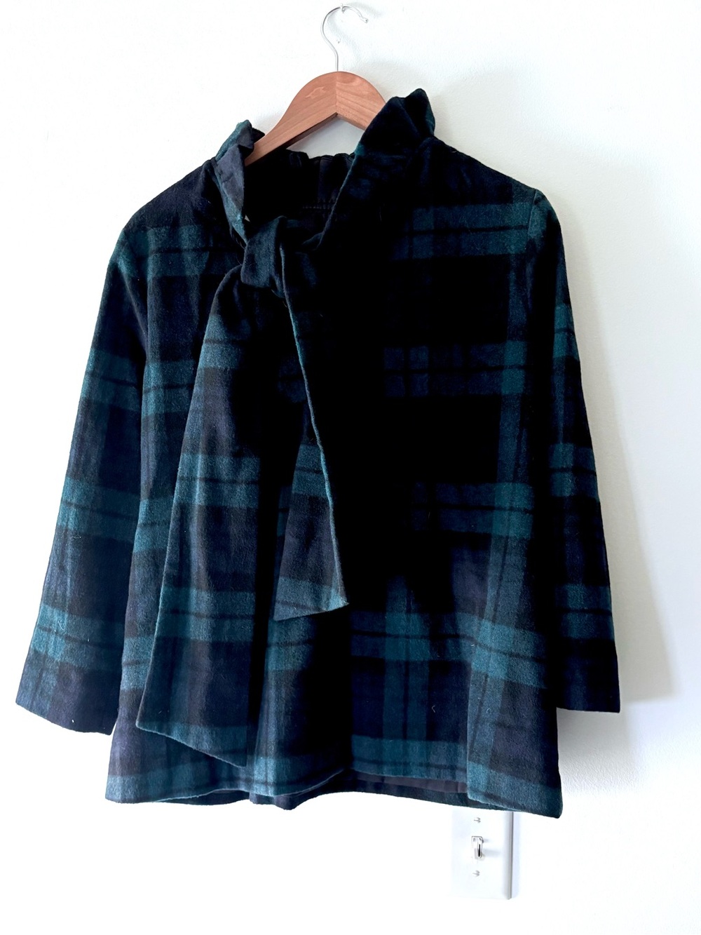 Tuckernuck Faye Wool Green & Navy Plaid Ruffle Neck Loose Fit Lined Lux Blouse - Picture 6 of 6